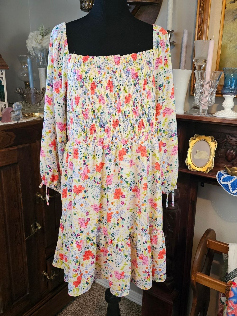 Lauren Conrad XXL Floral Smocked Mini Dress Cottagecore Boho